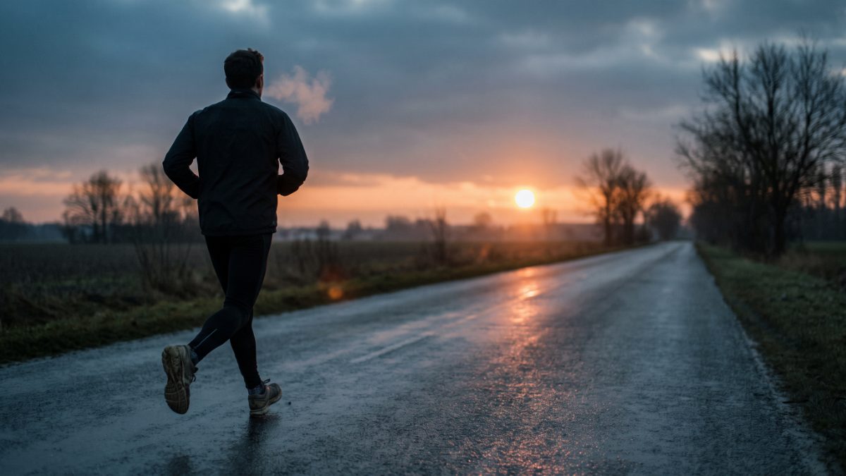Eine Person läuft bei Sonnenaufgang auf einer leeren, nassen Landstraße, von hinten aufgenommen.